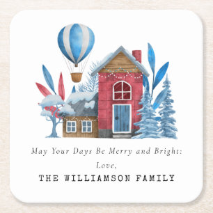 VINTAGE WATERCOLOR CHRISTMAS PERSONALIZED FAMILY SQUARE PAPER COASTER