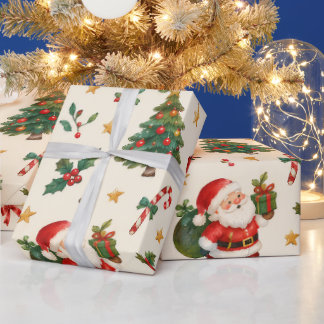 Vintage Watercolor Christmas Santa Reindeer Wrapping Paper