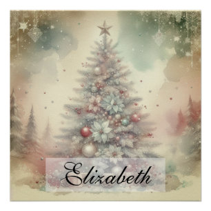 Vintage Watercolor Christmas Tree and Ornaments Poster
