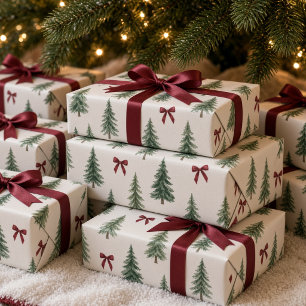 Vintage Watercolor Christmas Tree Burgundy Bow Wrapping Paper