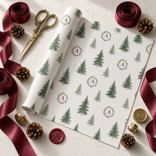 Vintage Watercolor Christmas Tree Monogram Wreath Wrapping Paper