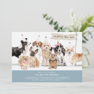 Vintage Watercolor Cute Dogs Blue Birthday Invitation