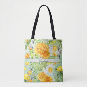 Vintage Watercolor Dandelion Pattern Monogram Tote Bag