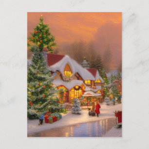 Vintage Watercolor Detailed Christmas Village Holiday Postcard