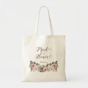 Vintage Watercolor Dusty Rose Floral Maid of Honou Tote Bag