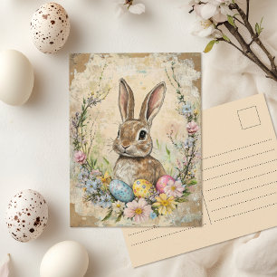 Vintage Watercolor Easter Bunny Floral Eggs Postcard
