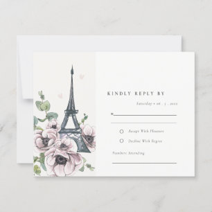 Vintage Watercolor Eiffel Tower Floral Wedding RSVP Card
