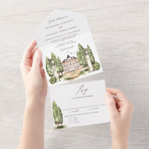 Vintage Watercolor English Manor Wedding All In One Invitation