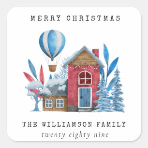 VINTAGE WATERCOLOR FESTIVE CHRISTMAS VILLAGE HOUSE SQUARE STICKER