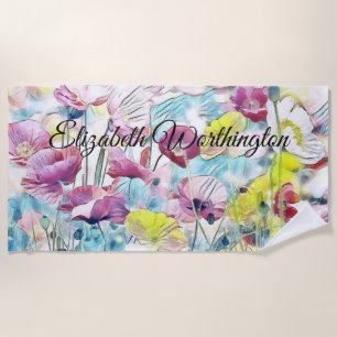 Vintage Watercolor Field of Poppy Flowers Beach Towel