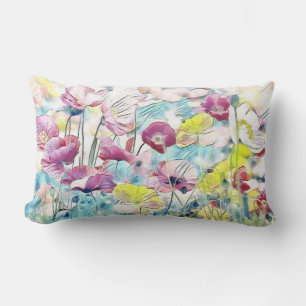 Vintage Watercolor Field of Poppy Flowers Lumbar Cushion