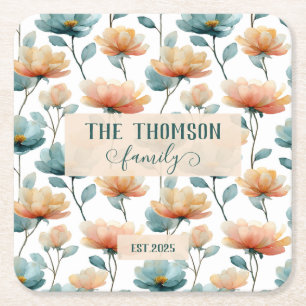 Vintage Watercolor Floral Family Heritage Square Paper Coaster