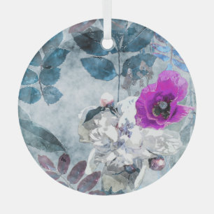 Vintage Watercolor Floral Lilac Poppies Glass Tree Decoration