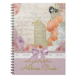 Vintage Watercolor Flowers and Bird Address Book  