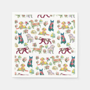 Vintage Watercolor Flowers & Dogs Pattern Napkin