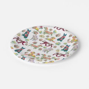 Vintage Watercolor Flowers & Dogs Pattern  Paper Plate