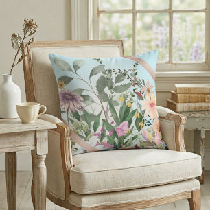 Vintage Watercolor Flowers Light Cyan Cushion