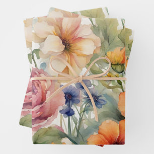 Vintage Watercolor Garden Flowers in Bloom Wrapping Paper Sheet