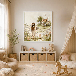 Vintage Watercolor Girl and Bunny | Cottagecore Poster