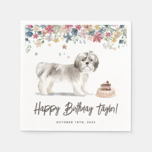Vintage Watercolor Gray Shih Tzu Birthday Napkin