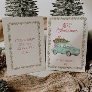 Vintage Watercolor Green Car Christmas Non-Photo Holiday Card