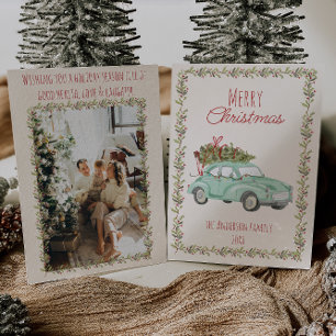 Vintage Watercolor Handwritten Green Car Christmas Holiday Card
