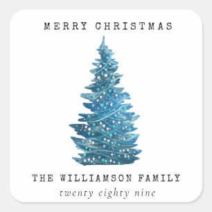 VINTAGE WATERCOLOR HOLIDAY CHRISTMAS TREE SQUARE STICKER
