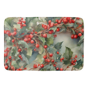 Vintage watercolor holly berries leaves bath mat
