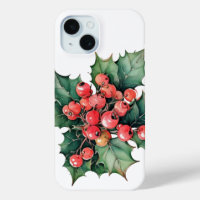 Vintage watercolor holly berries leaves