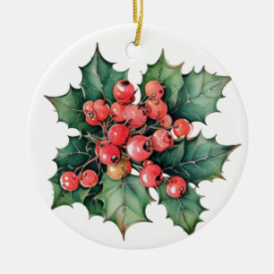 Vintage watercolor holly berries leaves ceramic ornament