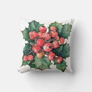 Vintage watercolor holly berries leaves  cushion