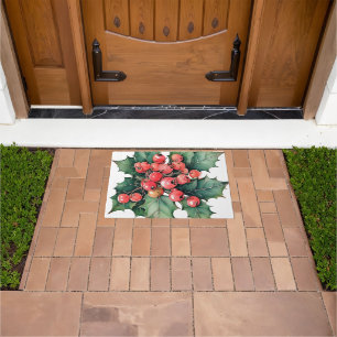 Vintage watercolor holly berries leaves  doormat