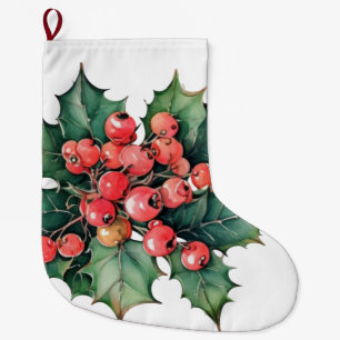 Vintage watercolor holly berries leaves  large christmas stocking