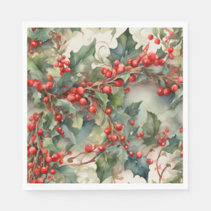 Vintage watercolor holly berries leaves  napkin