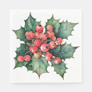 Vintage watercolor holly berries leaves  napkin