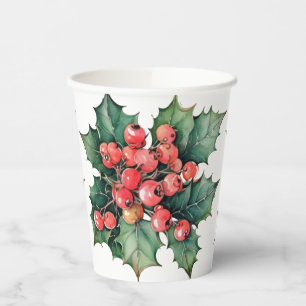 Vintage watercolor holly berries leaves paper cups