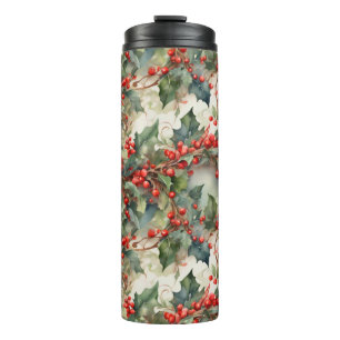 Vintage watercolor holly berries leaves thermal tumbler