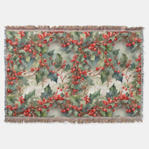 Vintage watercolor holly berries leaves throw blanket