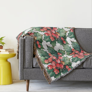 Vintage watercolor holly berries leaves throw blanket