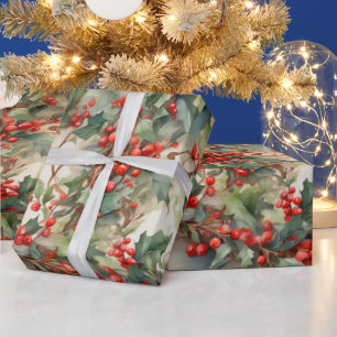 Vintage watercolor holly berries leaves wrapping paper