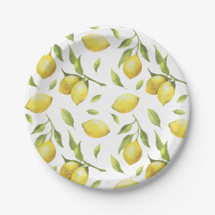 Vintage Watercolor Lemons and Greenery Pattern Paper Plate