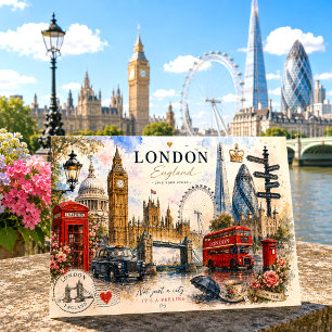 Vintage Watercolor London Skyline Travel Holiday Postcard