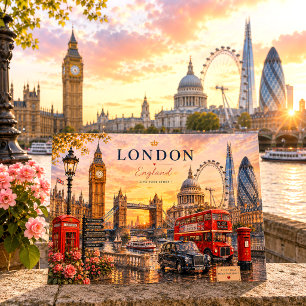Vintage Watercolor London Sunset Skyline Holiday Postcard
