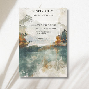 Vintage Watercolor Mountain Lake Fall Wedding RSVP Card