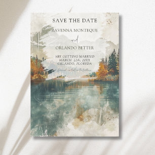 Vintage Watercolor Mountain Lake Fall Wedding Save The Date