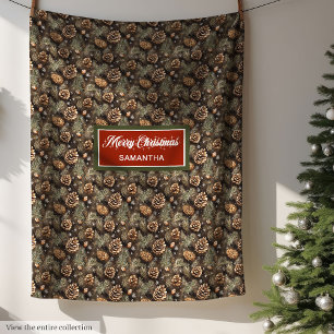 Vintage watercolor neutral tones Xmas pine cones Fleece Blanket