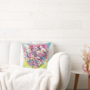 Vintage Watercolor of Colourful Roses Heart Cushion