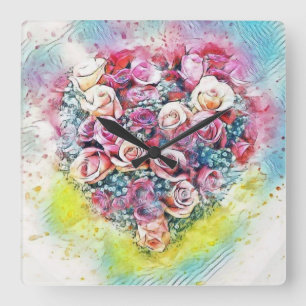 Vintage Watercolor of Colourful Roses Heart Square Wall Clock