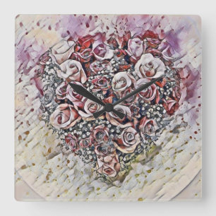 Vintage Watercolor of Colourful Roses Heart Square Wall Clock