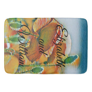 Vintage Watercolor of Orange Green Poppy Flowers Bath Mat